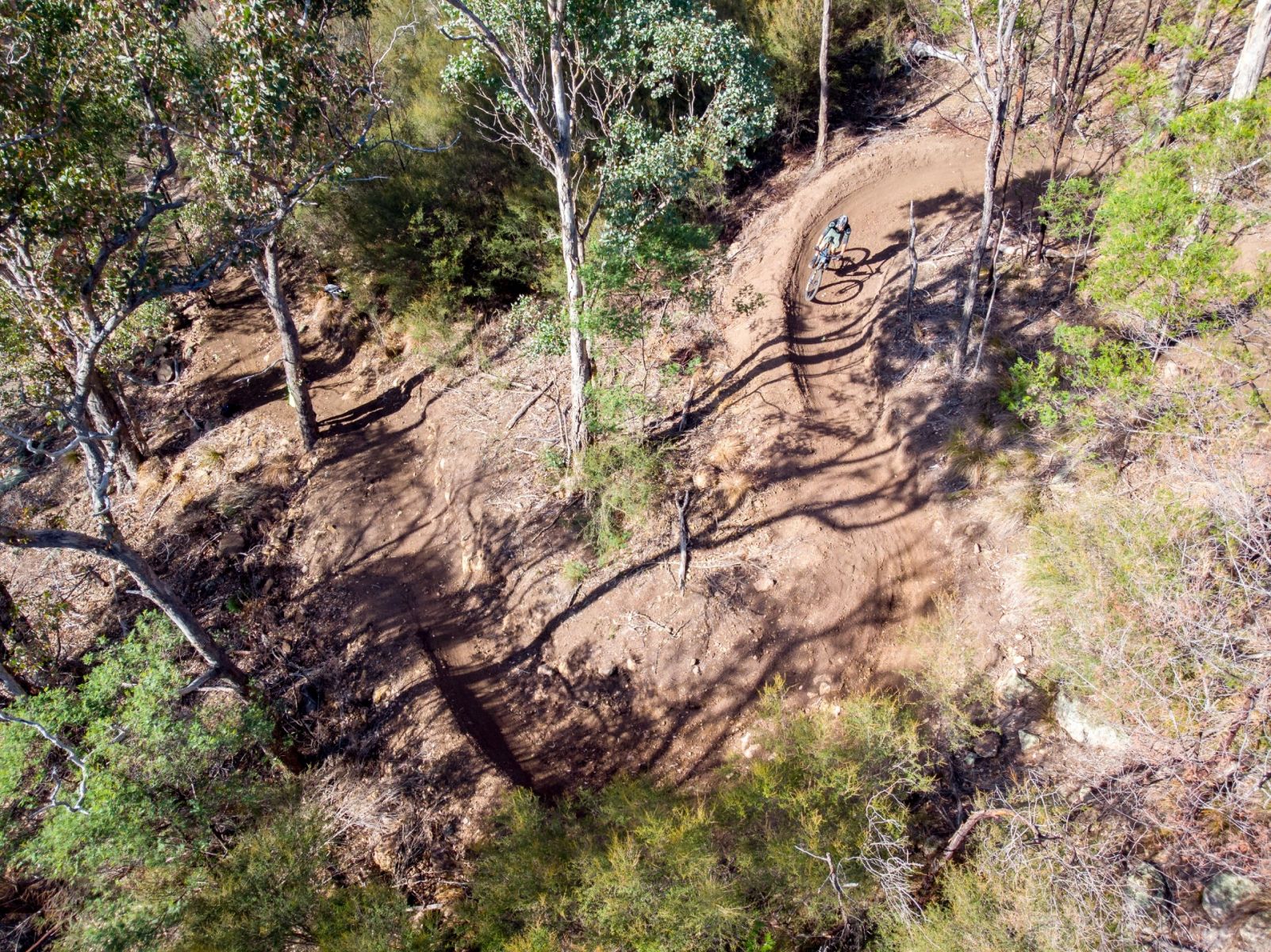 Aerial view of a person mountain biking down a dirt trail