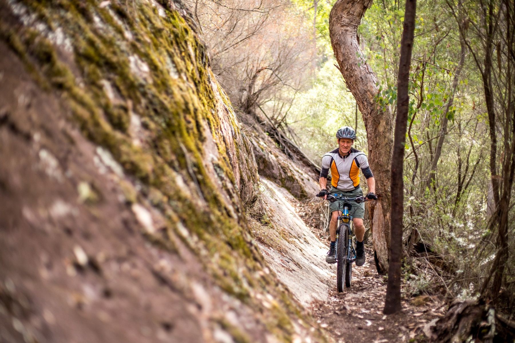 A man on a mountain bike riding a narrow trail against a rock face