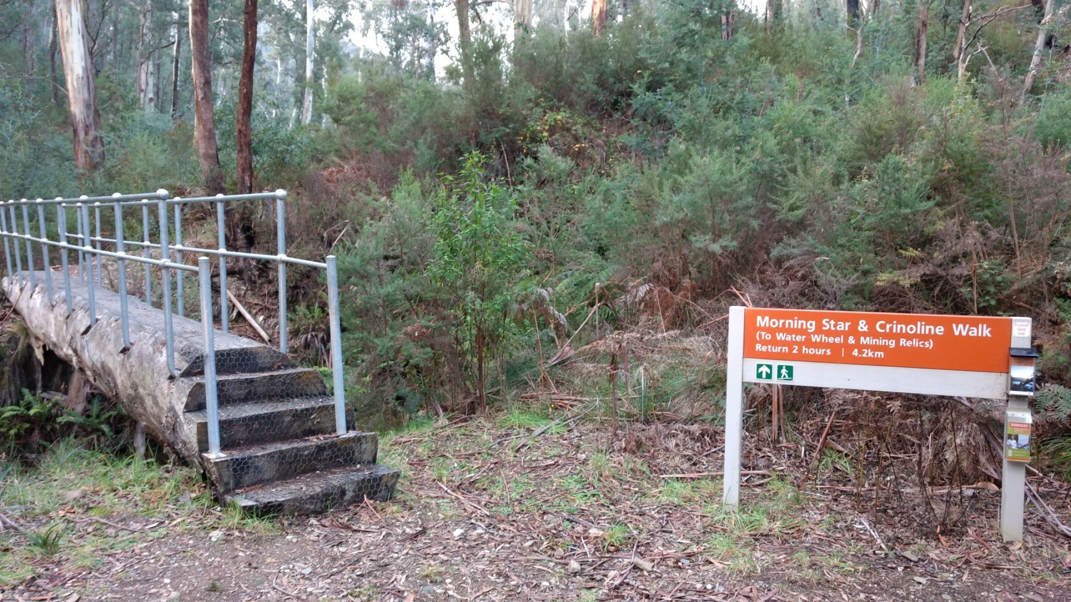 A sign for Morning Star Walk next to a log pathway