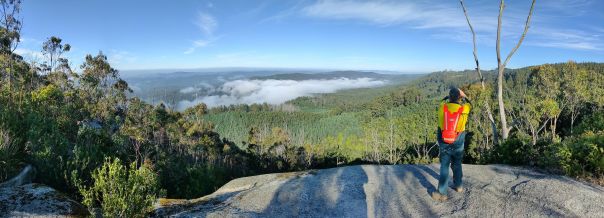 A ranger on top of a mountain looking out at views of Victoria