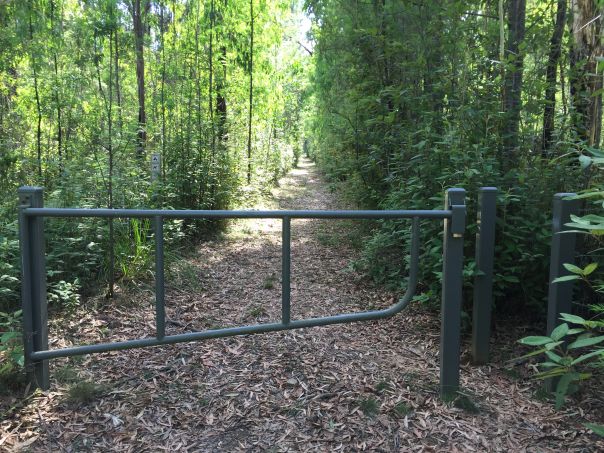 A gate across a dirt path lined with green trees