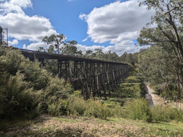 A large wooden trestle bridge surrounded by forest.