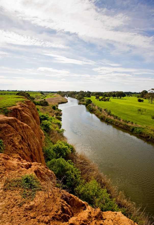 Photograph of Werribee River park. Green grassland with a river running through it.