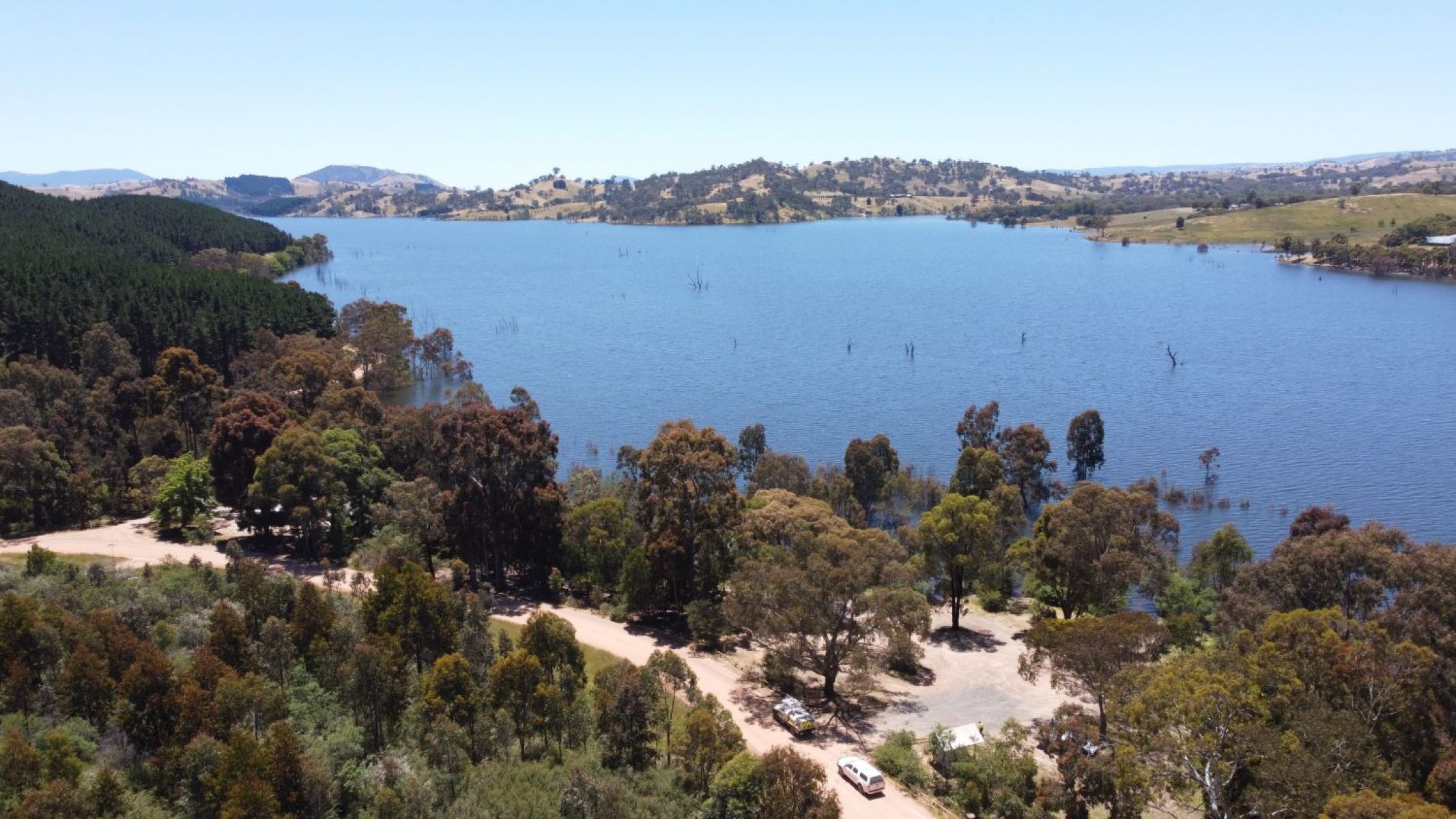 Aerial view over Delatite Arm Reserve showing the forests butting up to Lake Eildon