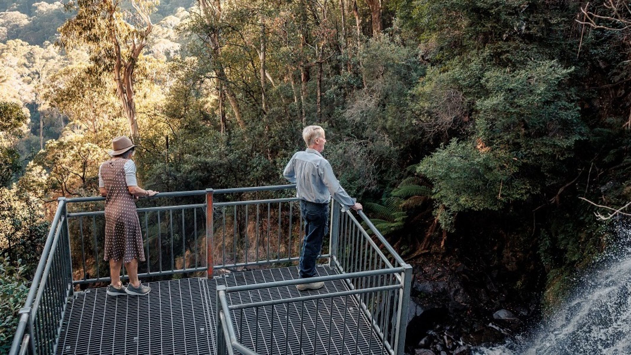 Two people on a platform over waterfall surrounded by forest