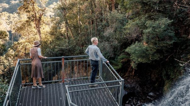 Two people on a platform over waterfall surrounded by forest