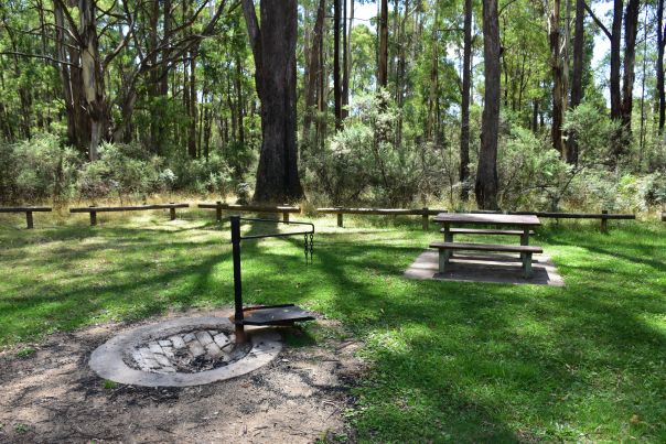 A wood BBQ and a picnic table on grass