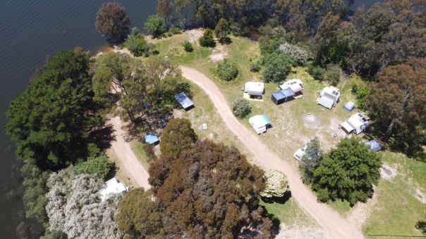Aerial view of campground on the banks of Lake Eildon