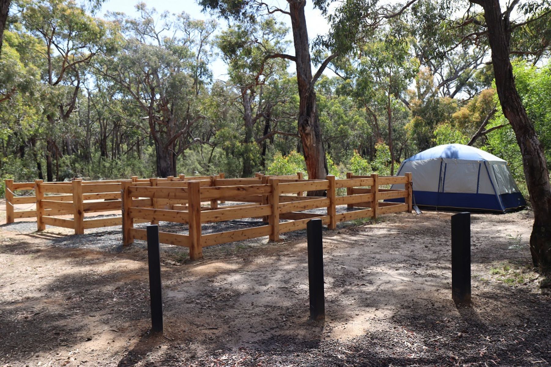 Horseyard enclosure in foreground, with tent behind