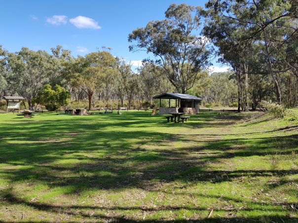 A large grassy picnic area with tables and a shelter