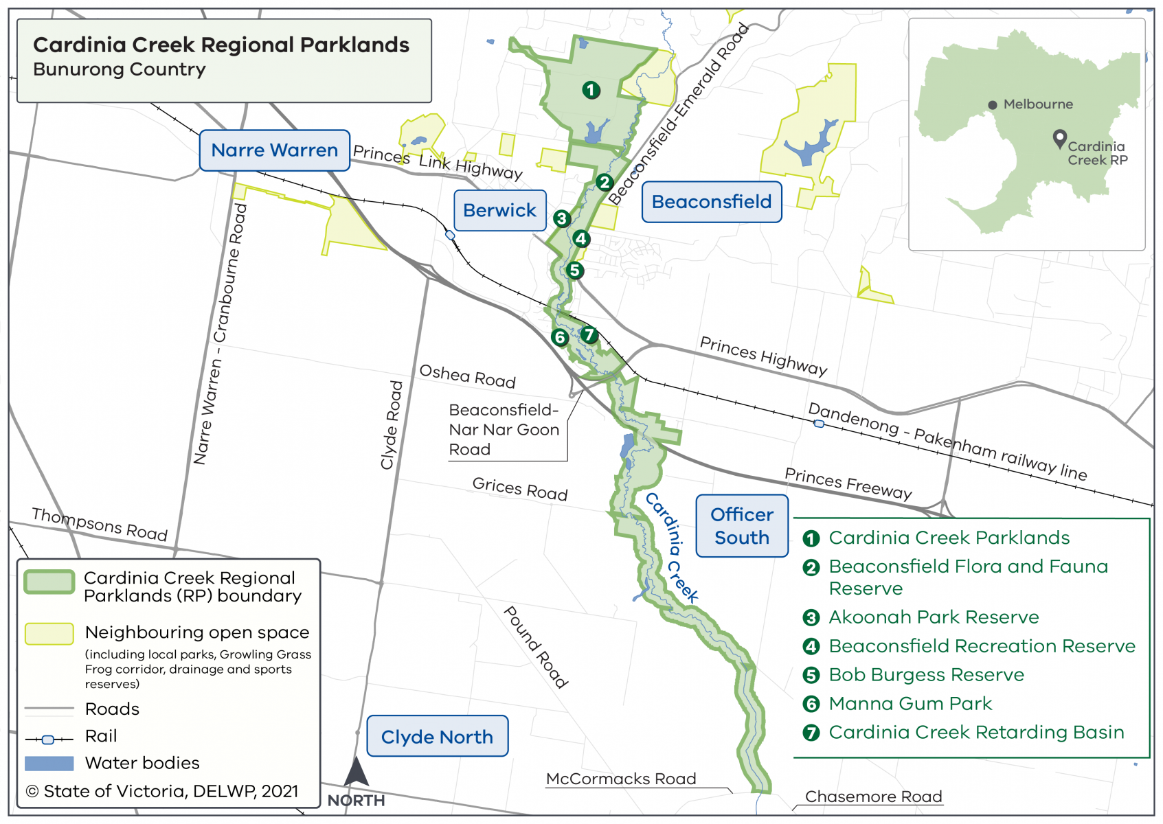 Cardinia Creek Regional Parklands map. Situated between Naree Warren, Berwick, Beaconsfield, Officer South and Clyde North