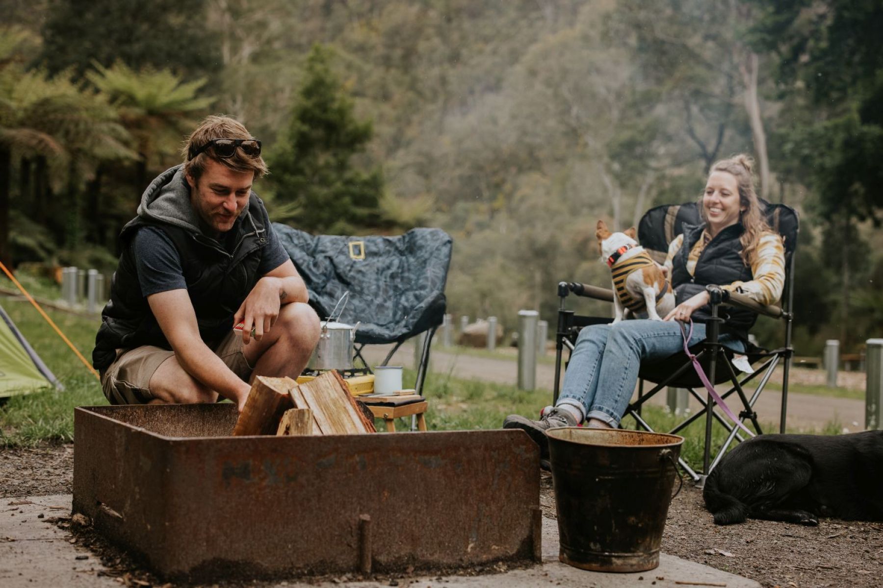 Two people and their dog sitting by a fire at a forest campsite.   