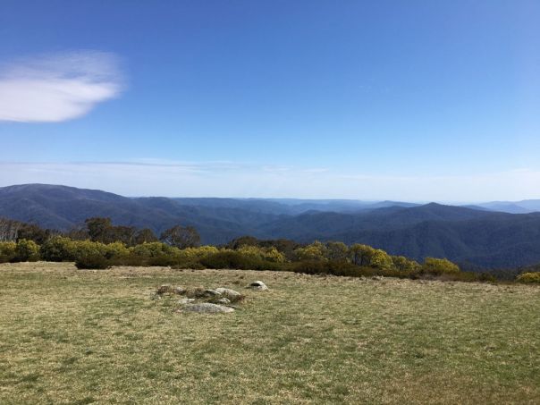 A grassy area overlooking the surrounding mountains.