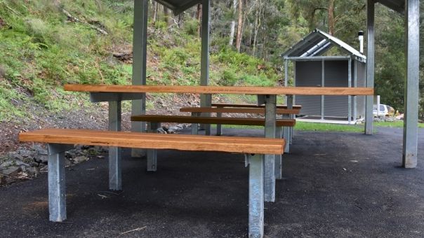 Accessible picnic tables under picnic shelter