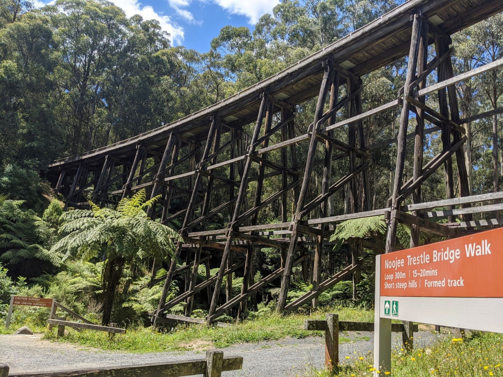 A view of Noojee Trestle Bridge from the ground and a sign with information about the bridge walk