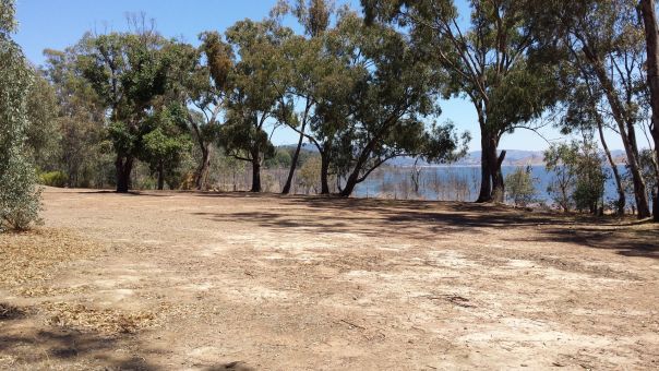 A large dirt ground area with trees on the banks of a lake