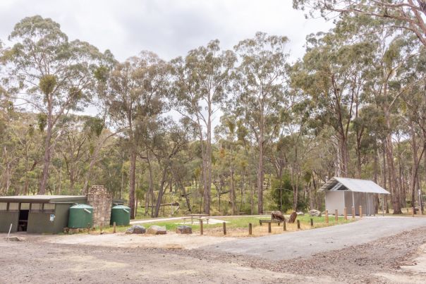 A green grassy area surrounded by tall gum trees. A picnic table is in the middle of the grassy space and a metal toilet block is at the end.