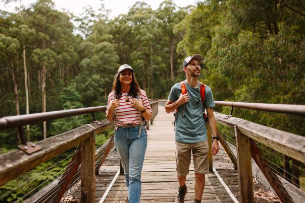 Two people walking on top of a tall old wooden bridge