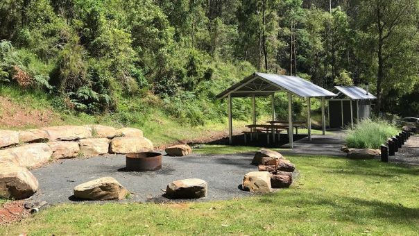 A communal fire pit, shelter and toilet in grassed campground surrounded by forest