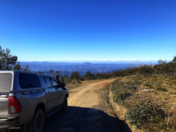 A 4wd driving along a gravel forest road with a view over the forest in the distance. 