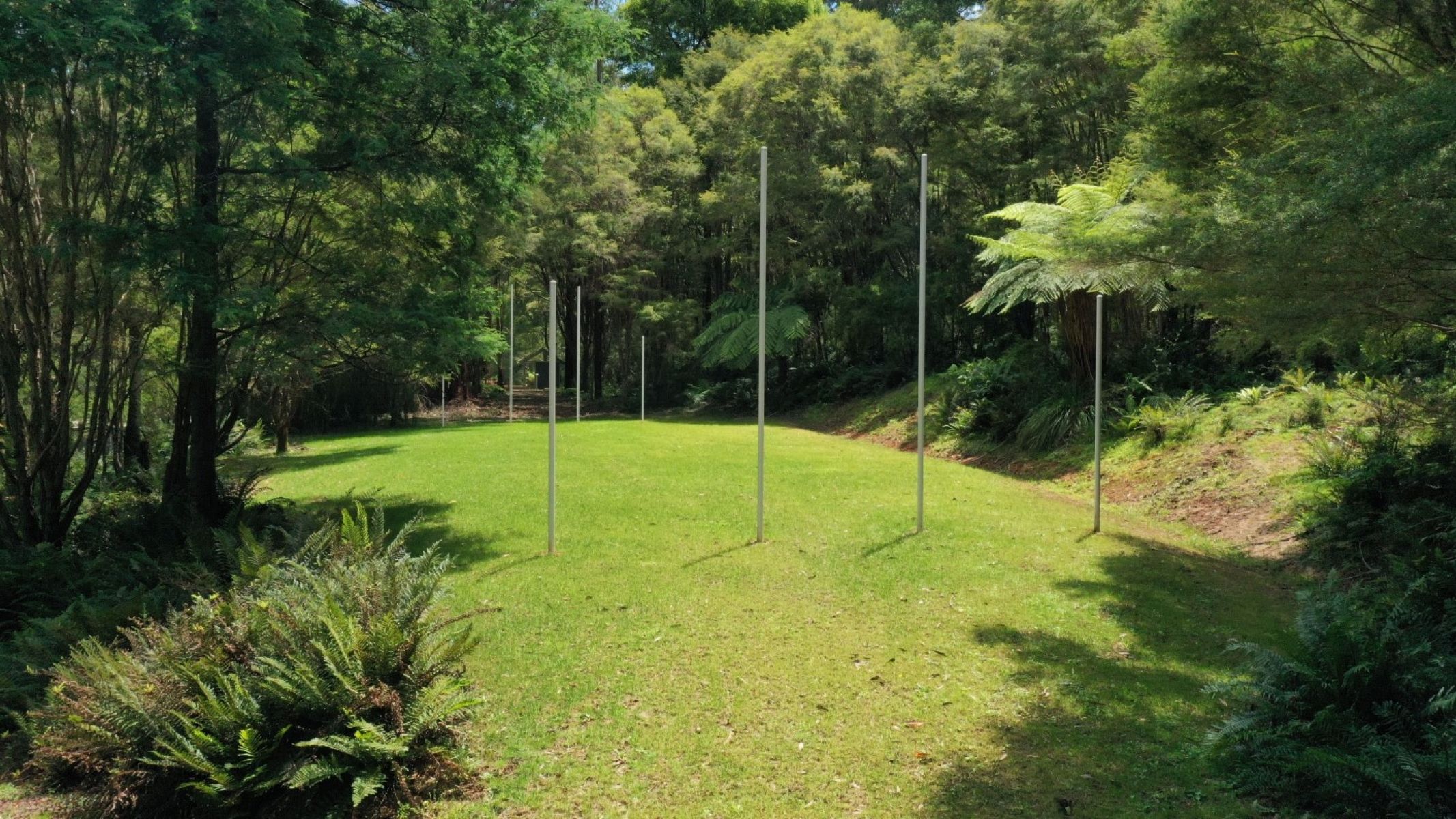 A small grassy oval with goal posts among trees