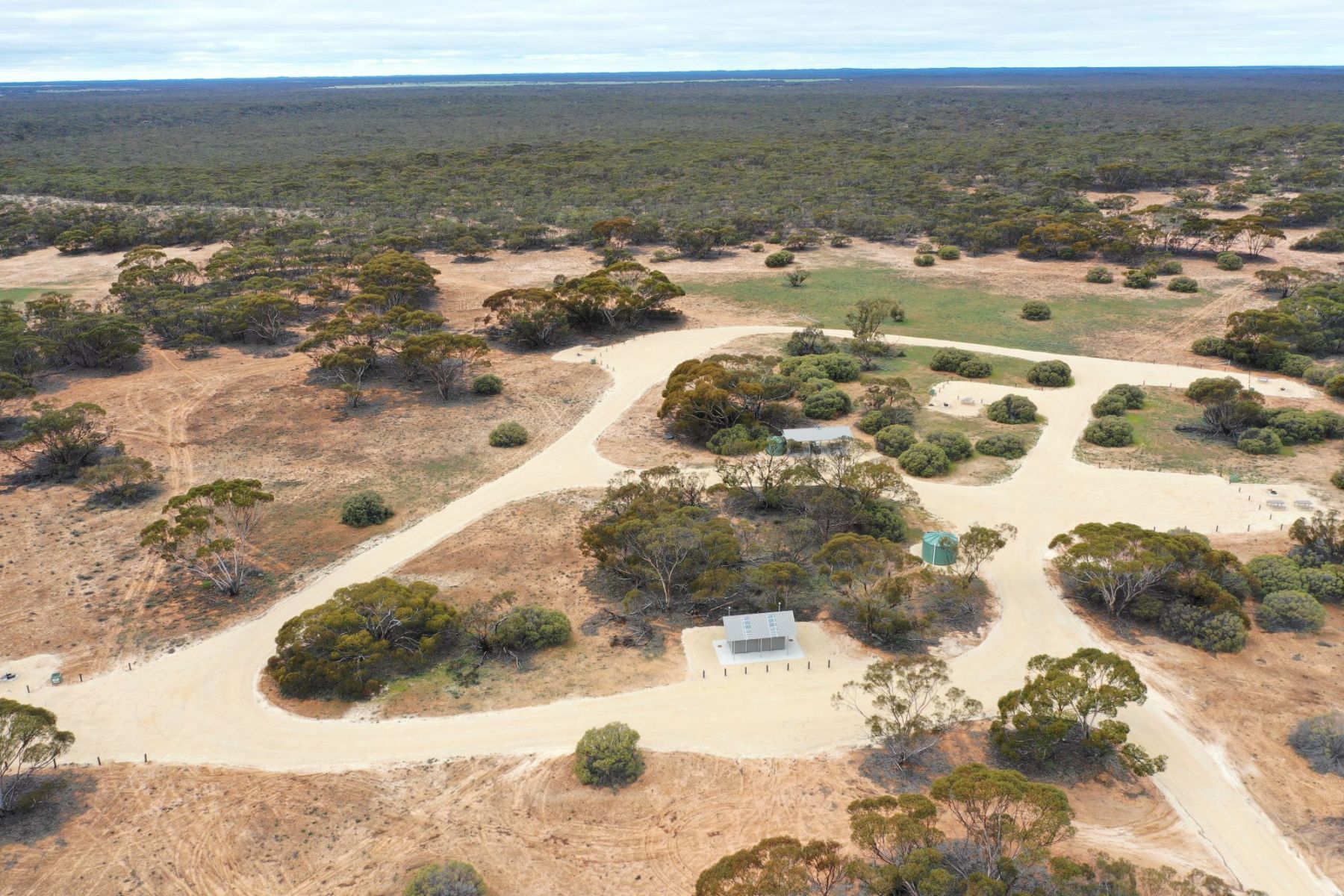 An aerial view of a remote campground