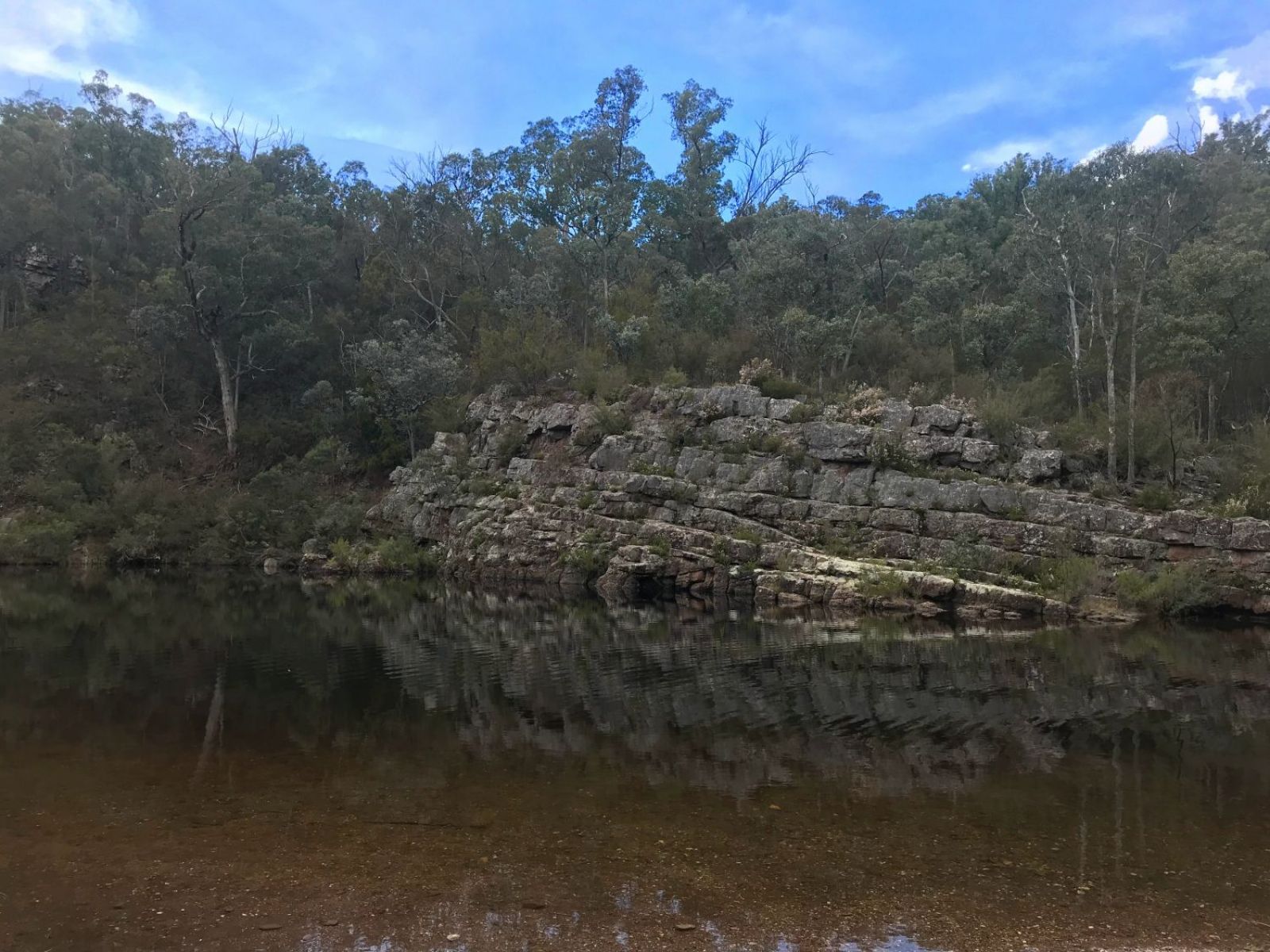 A rocky riverside bank with a clear blue sky in the background.