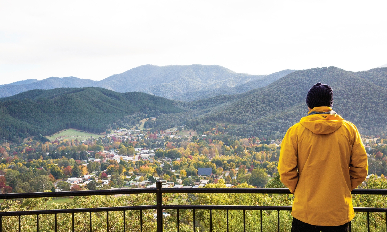 Huggin's Lookout - Primary campaign Man in yellow jacket looking out over Bright township at Huggin's lookout