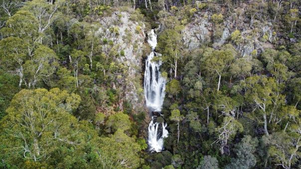 Aerial view of waterfall surrounded by forested mountains