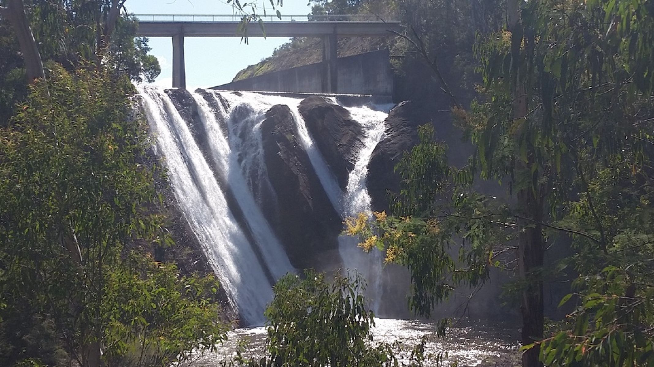 Water flowing down a dam spillway