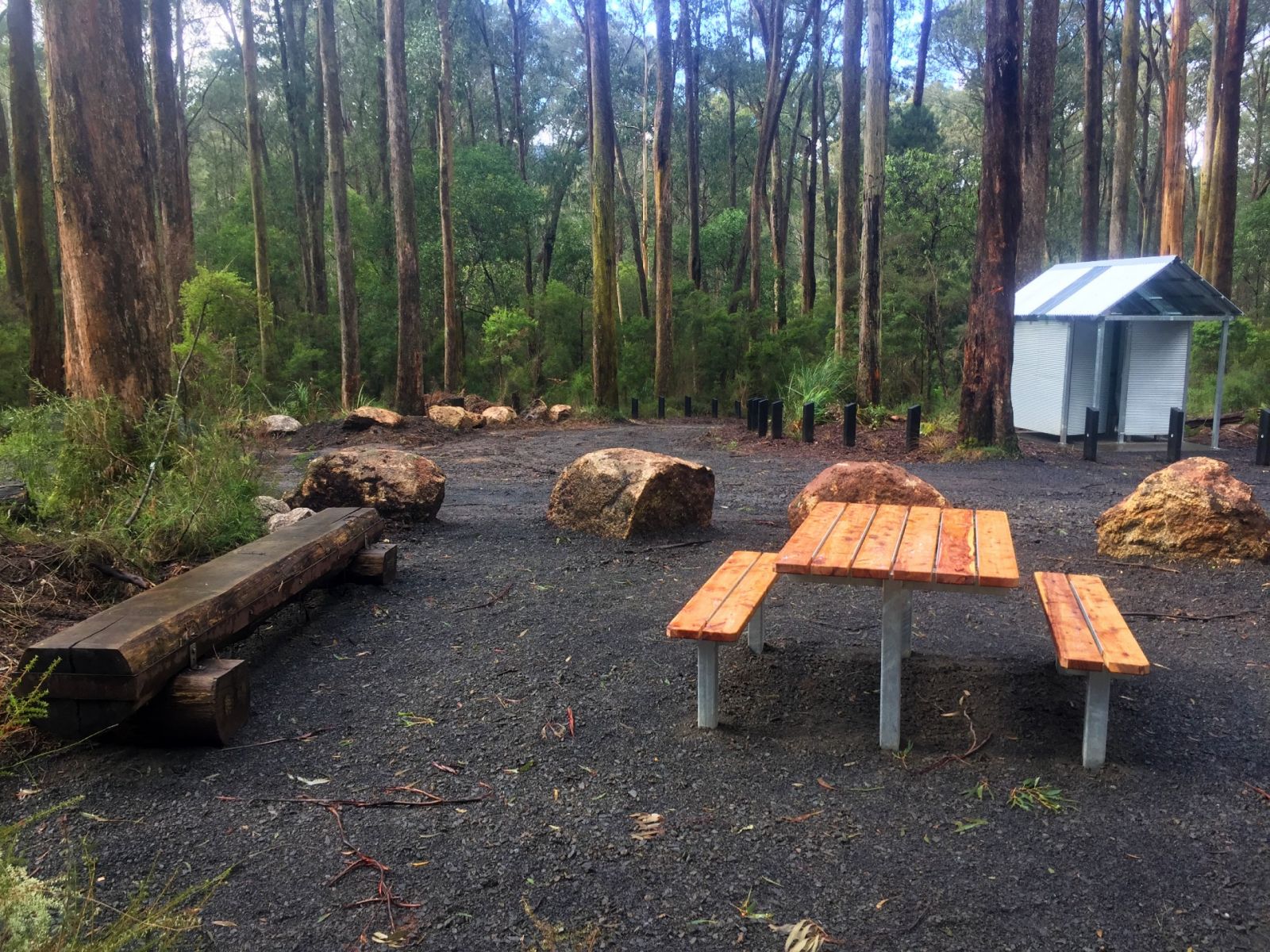 A picnic area with picnic table, log seat and toilets