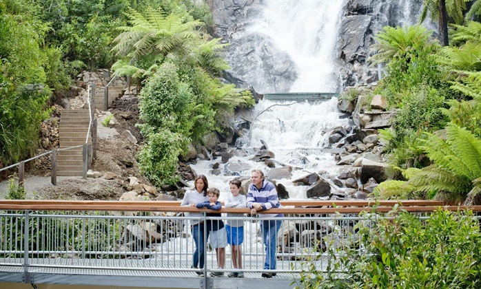 A family standing on a bridge with a waterfall in the background