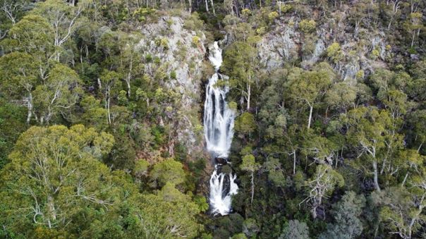 A waterfall in the forest. 