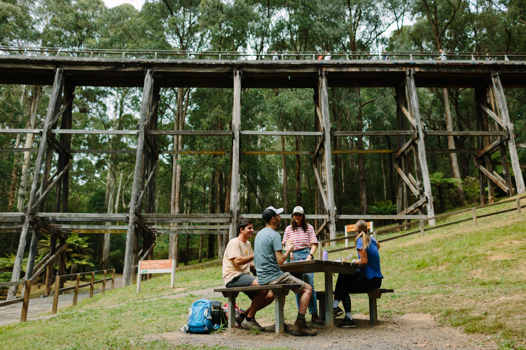 Two people eating at a picnic table with the wooden trestle bridge in the background