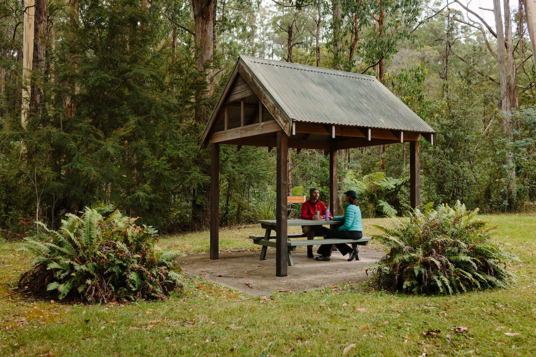 Two people sitting under shelter in a grass clearing