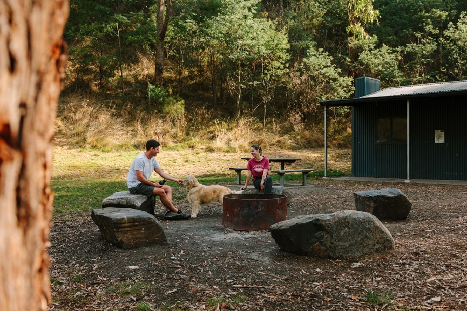 Two people sitting around a firepit in front of a hut in the forest