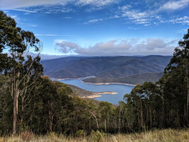 A view through trees of mountains and coast at Cast Iron Point lookout