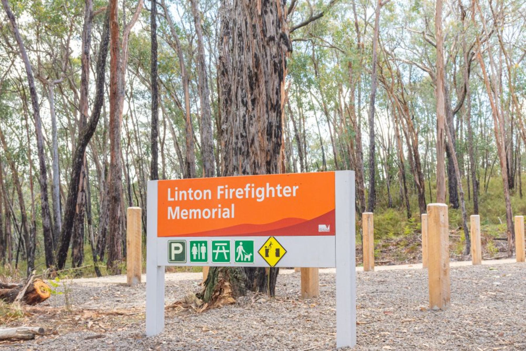 A sign at the start of a picnic area which reads Linton Firefighter Memorial