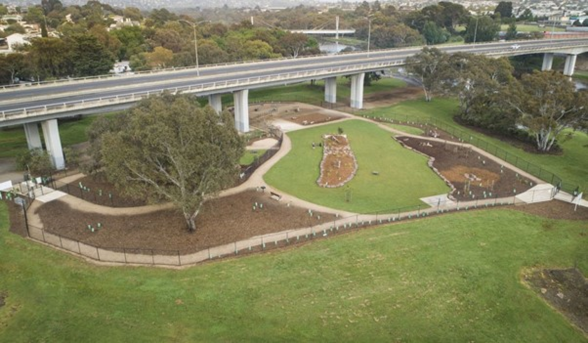Aerial view of green landscaped dog park with transecting elevated road in background