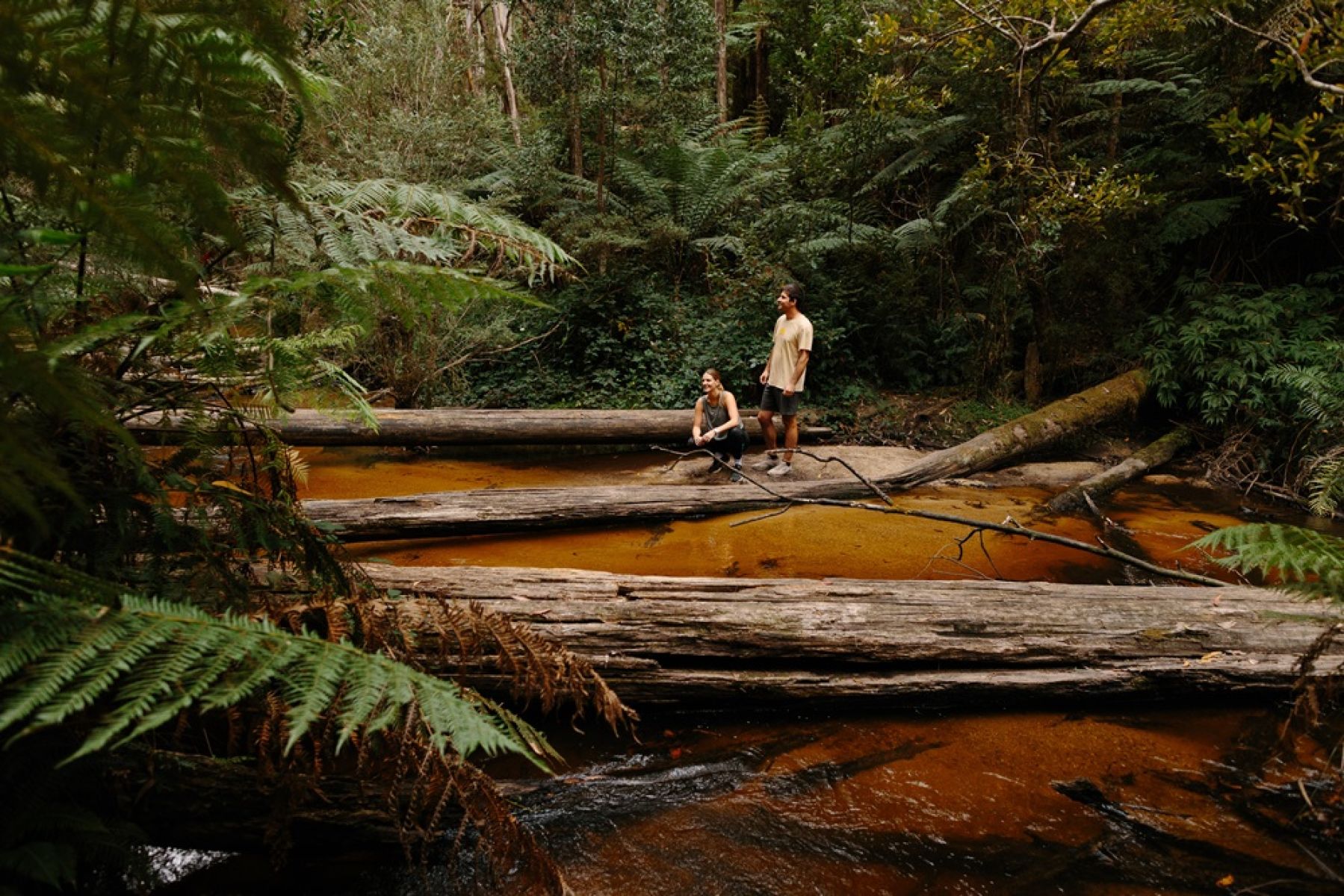 Two people beside a small river surrounded by forest