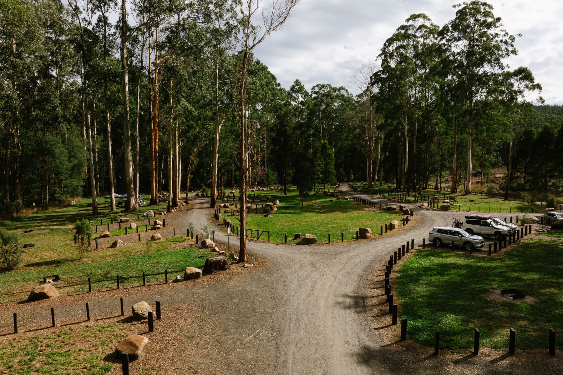 An aerial view of a grassy campground surrounded by forest