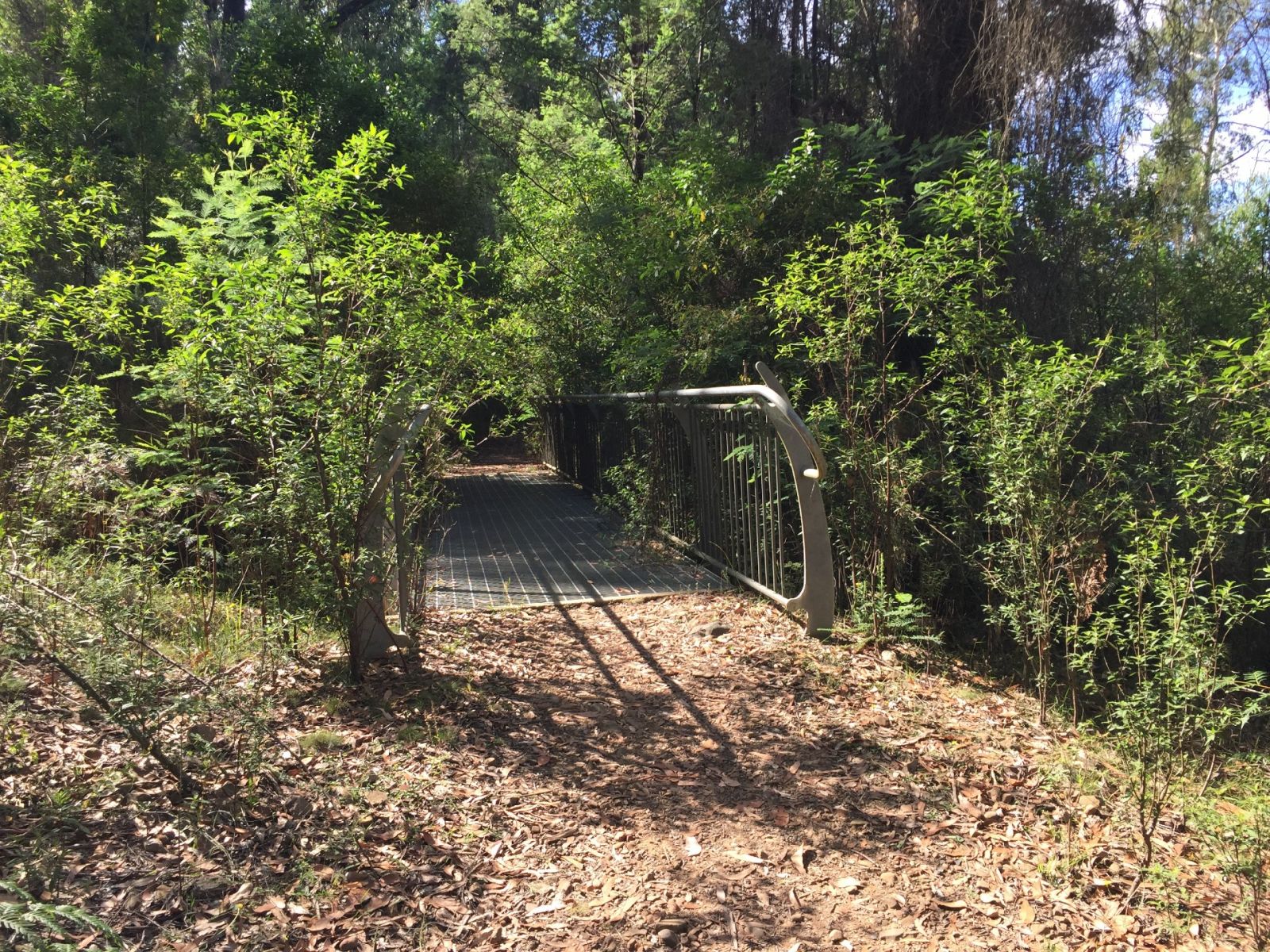 A metal footbridge crosses a river