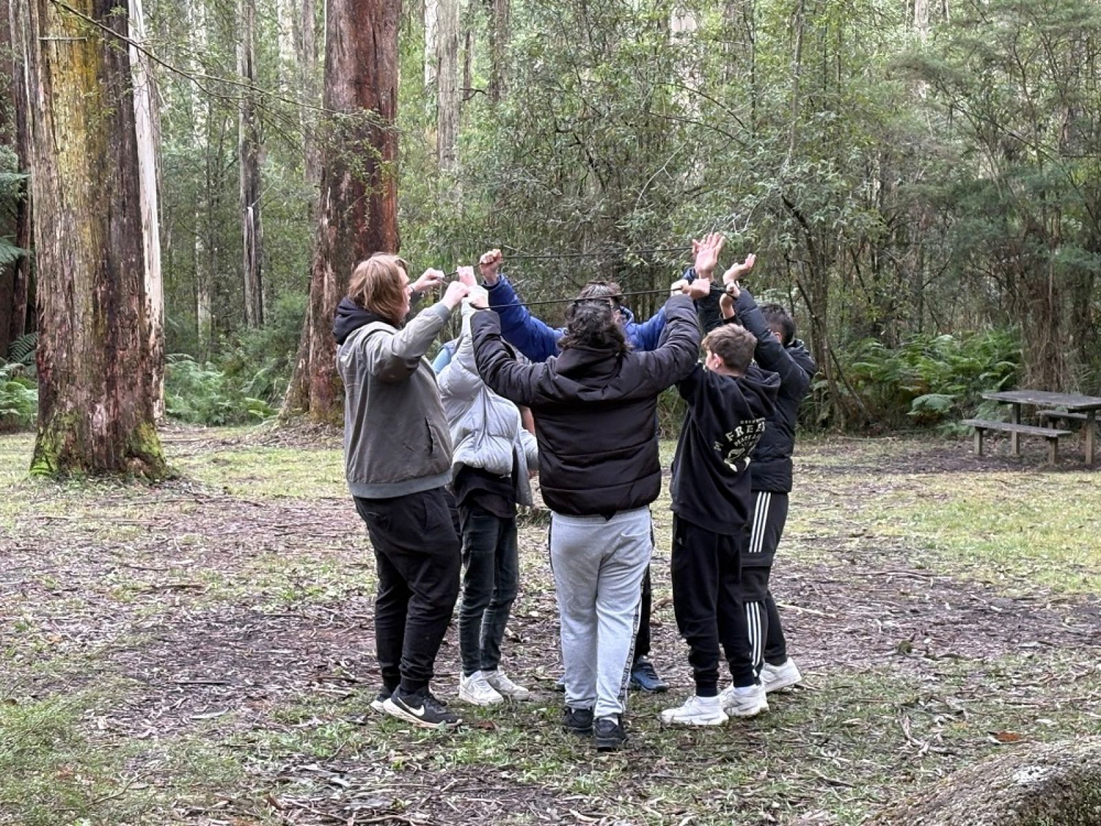 A group of young people participating in a bush skills program in the forest.