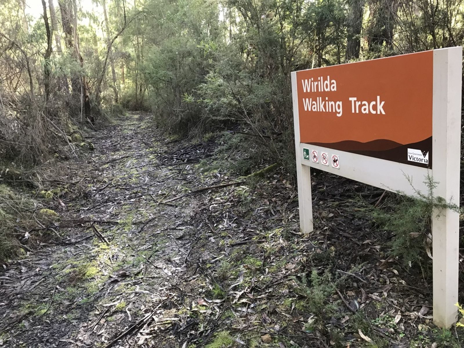 An orange sign surrounded by forest