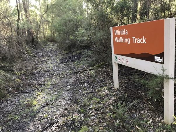 An orange sign surrounded by forest