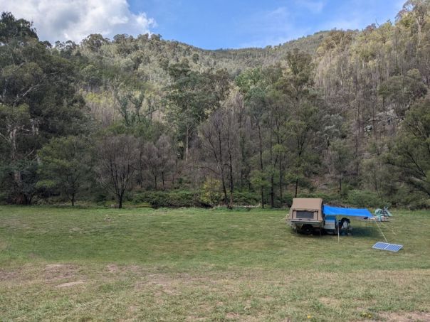 A grassy campground with a camper trailer overlooking the forest 