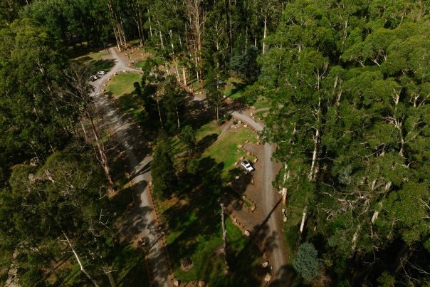 A birds eye view of the campground surrounded by trees