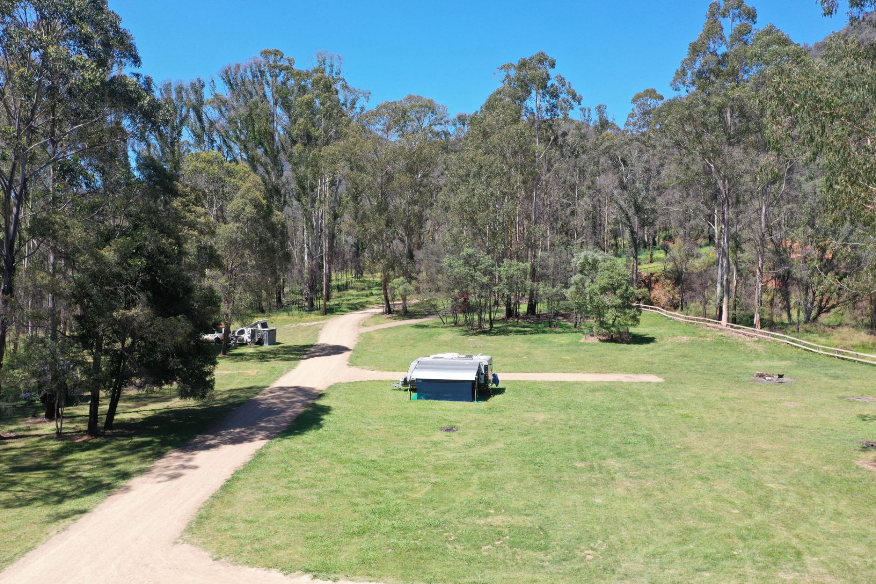 Caravans set up in a large grassy campground