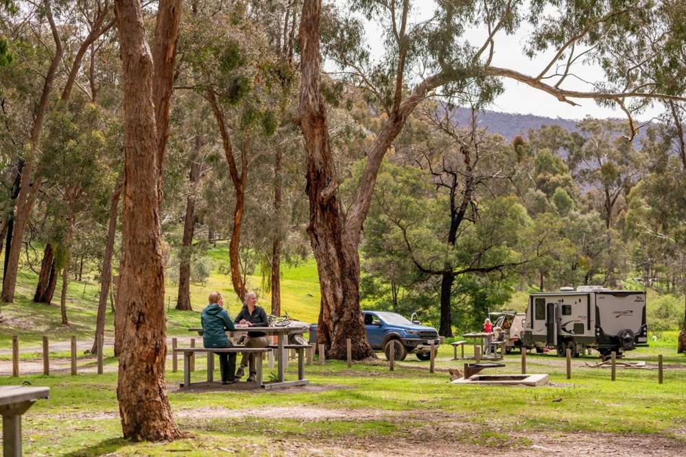 People sitting at a picnic table in a forest campground with a caravan in the background  