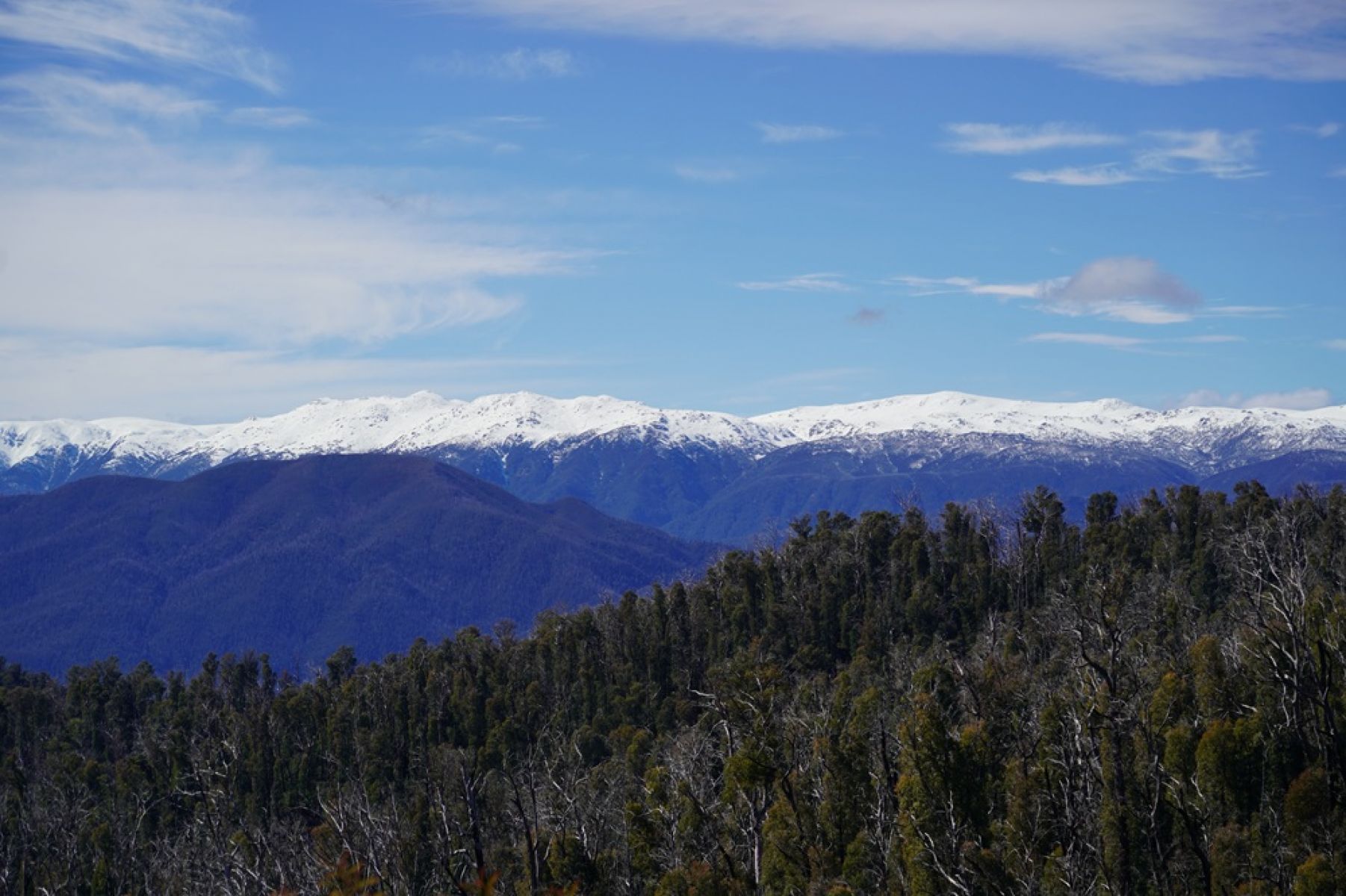 View across snow capped mountains